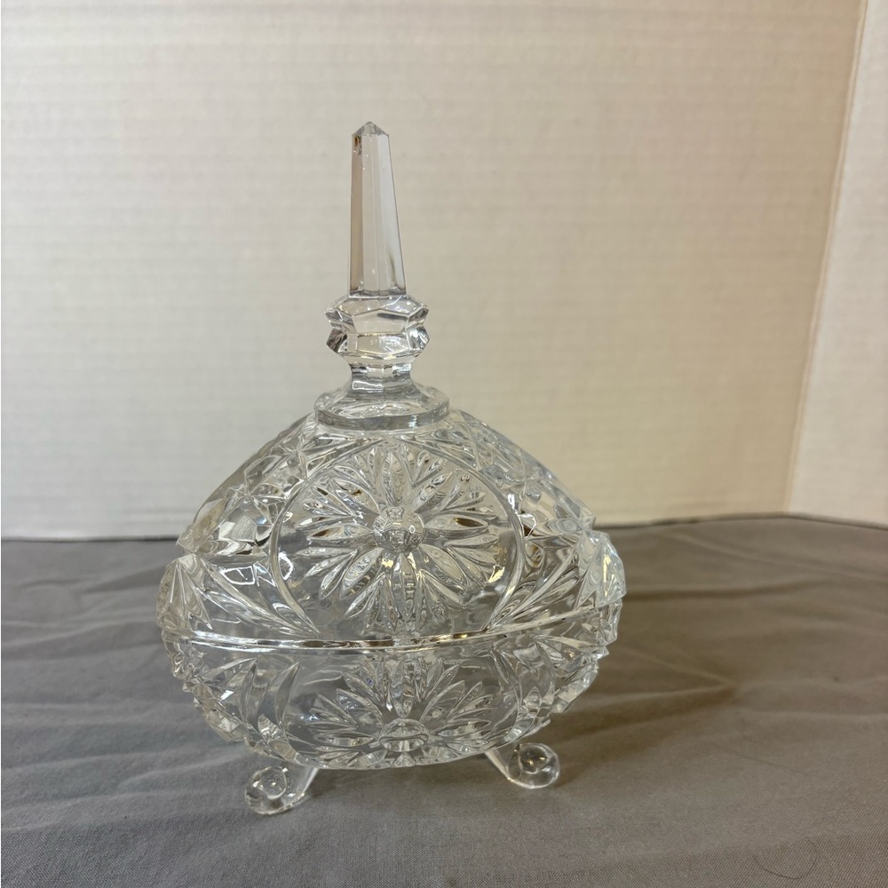 Vintage Crystal 24% Lead Covered Candy Dish with Finial and Scroll Feet